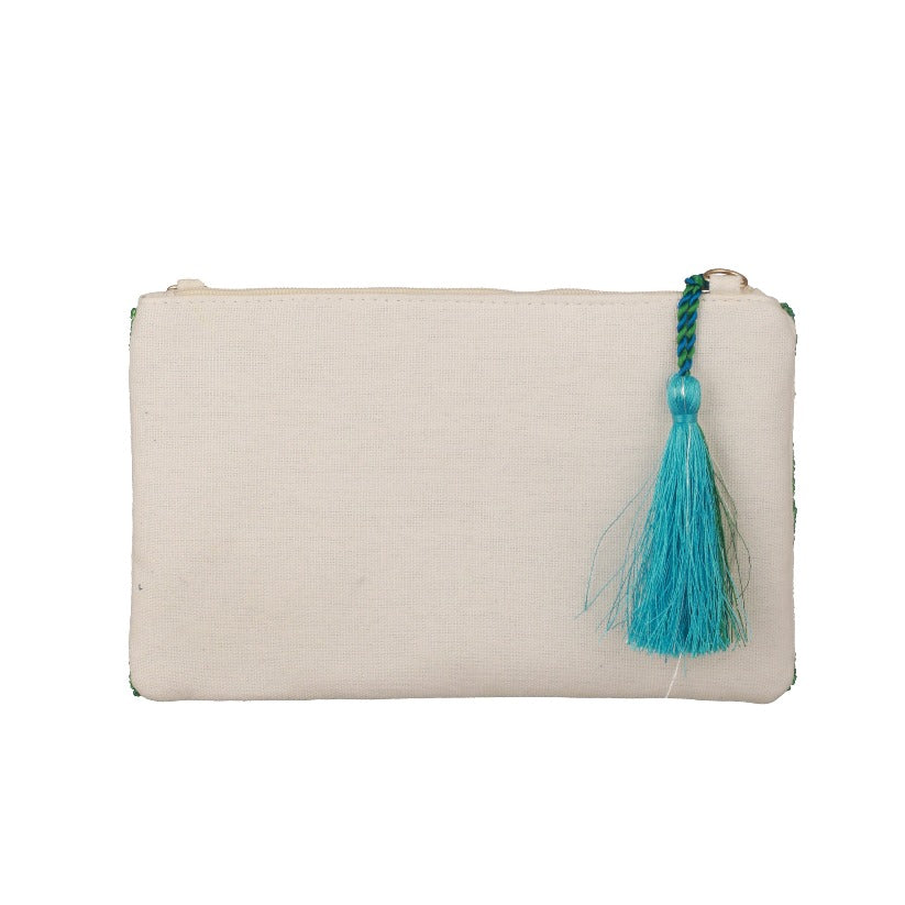 Beautiful beaded clutch with multi-colored blue, green and white silky tussle.