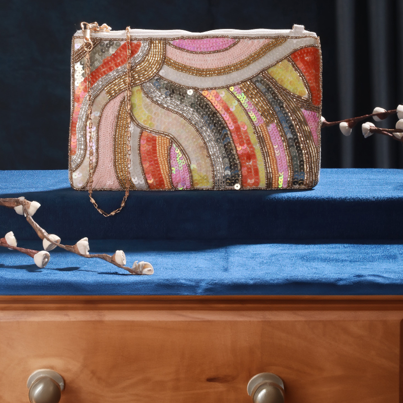 Beautiful multi-colored beaded and sequin clutch bag with silky tussle