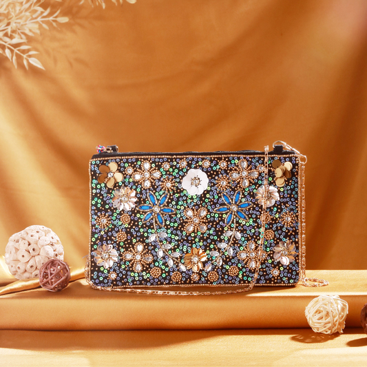 Beautiful multi-colored beaded and sequin clutch with tussle