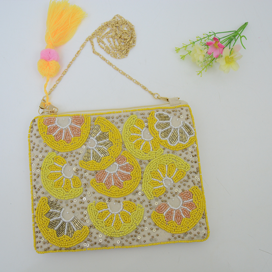 Handmade Fruit slice design beaded clutch, Beautifully made by women artisan of villages in India.