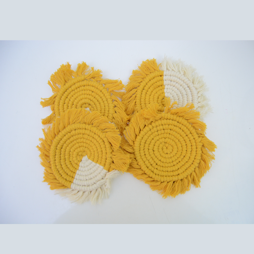 Mustard and white color handmade macrame coasters (set of 4)