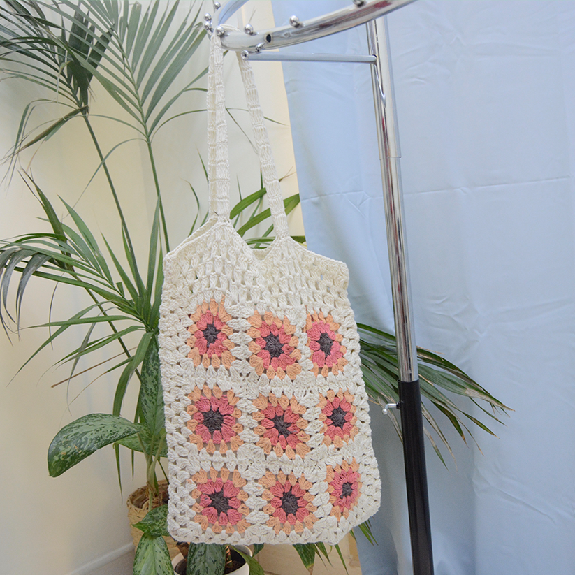 Handmade multicolor crochet Granny square tote bag with magnetic button clasp