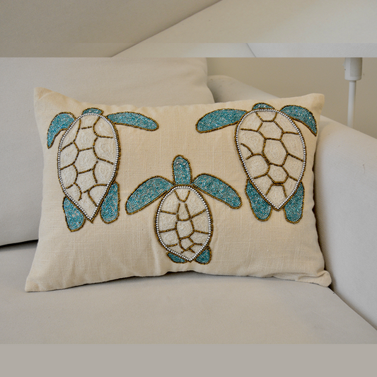 Cotton cushion cover with sea turtle bead work