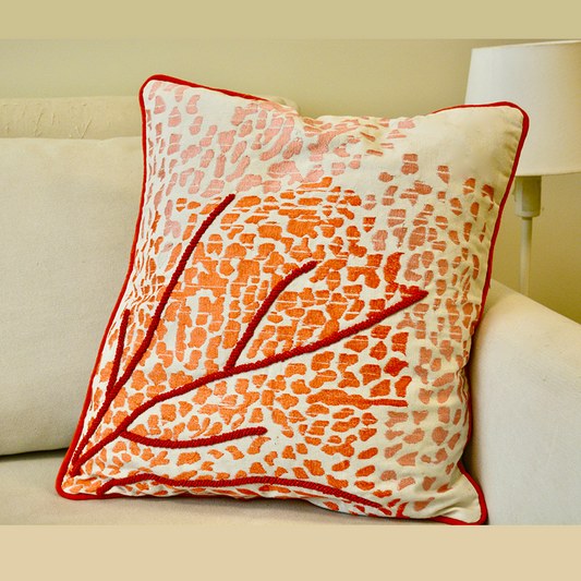 Cotton cushion cover with orange bead and embroidery work with orange lining