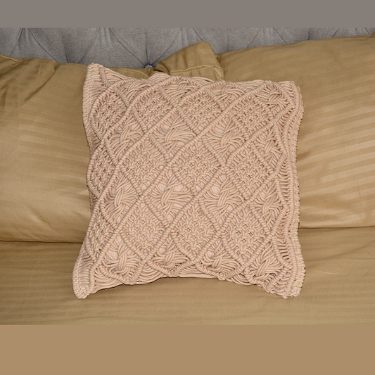 Beautifully handwoven light-peach macrame cushion cover