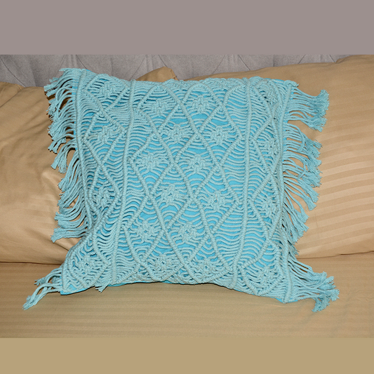 Beautifully handmade blue macrame cushion cover with tassel fringe