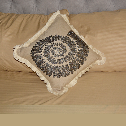 Artistically handmade beaded and tassel fringed cotton cushion cover – beige colorPillo