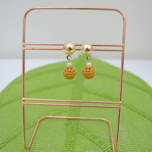 Handmade earrings round shaped metal stud and round macrame dangling - Mustard Yellow