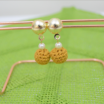 Handmade earrings round shaped metal stud and round macrame dangling - Mustard Yellow