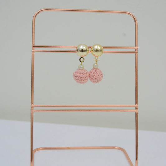 Handmade earrings round shaped metal stud and round macrame dangling - Peach