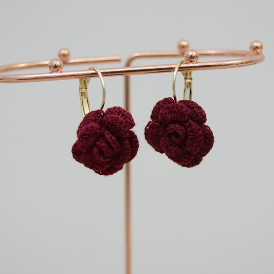 Handmade Crochet Rose earrings - Wine Red