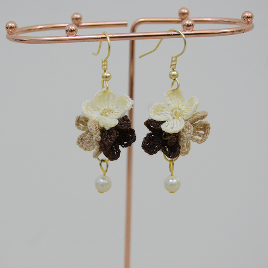 Handmade Crochet dangling flowers earrings - Brown