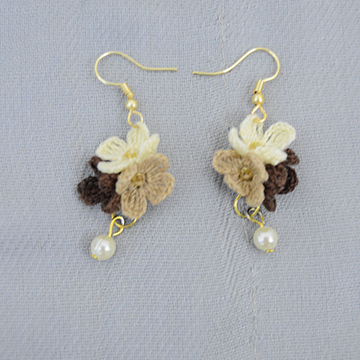 Handmade Crochet dangling flowers earrings - Brown