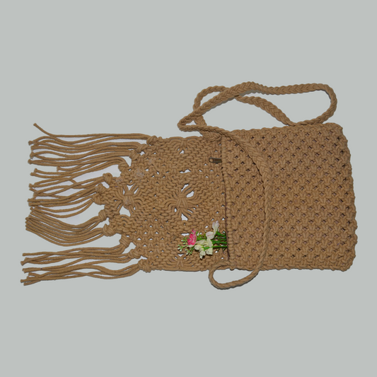 Handmade Macrame flap bag with zip closure – brown