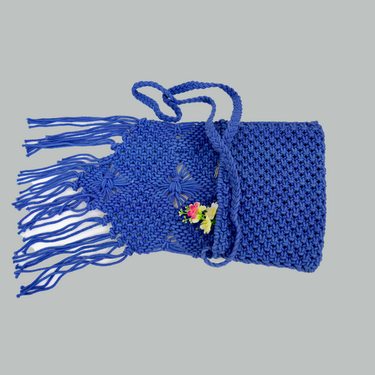 Handmade Macrame flap bag with zip closure – Blue