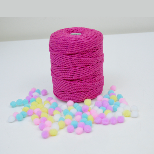 3mm, twisted 3ply, cotton macrame thread, 100 meters - Magneta pink