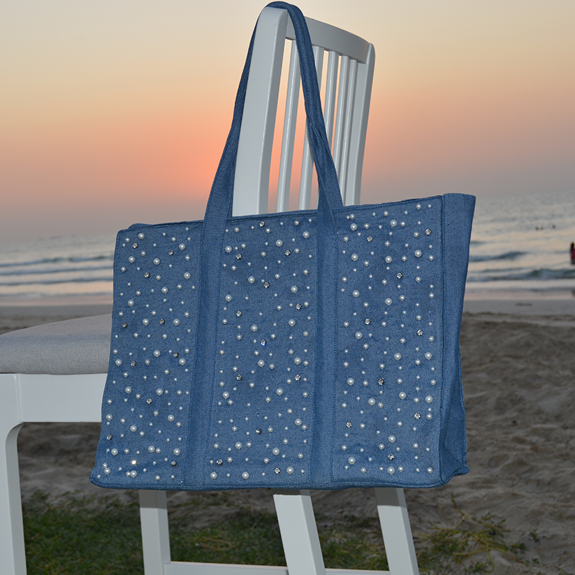 Denim tote bag with pearls, and stone work on front side