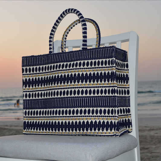 Jacquard tote bag – Blue, gold and white color