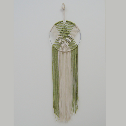 Beautifully handmade Macrame cord wallhanging green & white