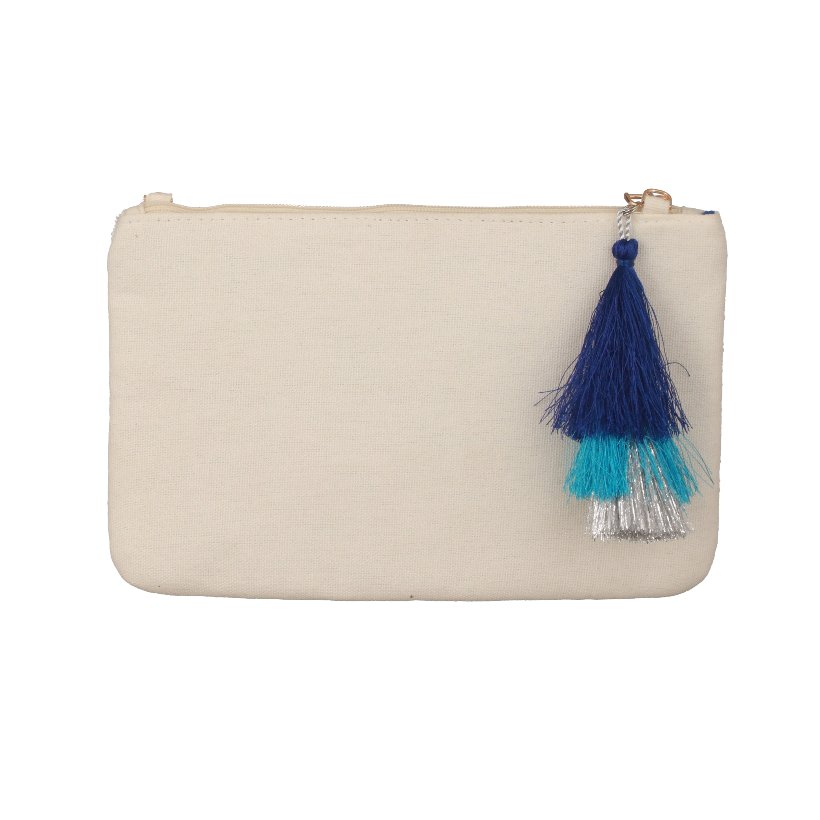 Beautiful blue and white beaded clutch with silky tussle